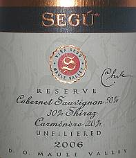 Segu Reserve Cabernet Sauvignon 50% Shiraz 30% Carmenere 20% Unfiltered